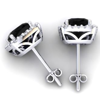 2 1/4 Carat Cushion Cut Black Onyx and Halo Diamond Earrings In Sterling Silver