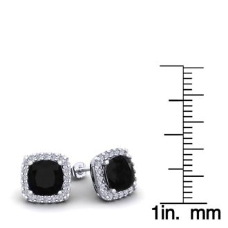 2 1/4 Carat Cushion Cut Black Onyx and Halo Diamond Earrings In Sterling Silver