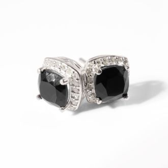 2 1/4 Carat Cushion Cut Black Onyx and Halo Diamond Earrings In Sterling Silver