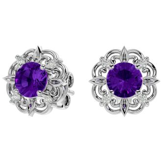 2 Carat Amethyst and Diamond Antique Stud Earrings In Sterling Silver