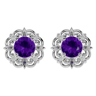 2 Carat Amethyst and Diamond Antique Stud Earrings In Sterling Silver