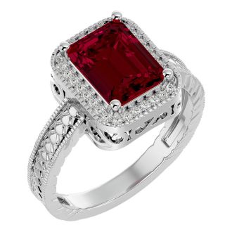 2 1/2 Carat Antique Style Ruby and Diamond Ring in 14 Karat White Gold