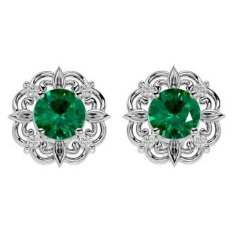 2 Carat Emerald and Diamond Antique Stud Earrings In Sterling Silver