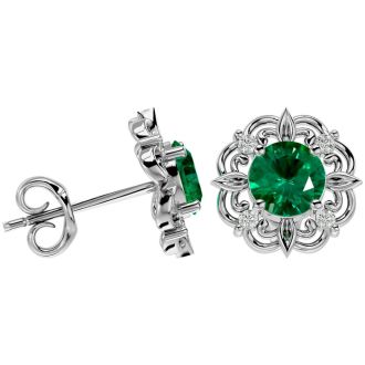 2 Carat Emerald and Diamond Antique Stud Earrings In Sterling Silver