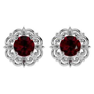 2 Carat Ruby and Diamond Antique Stud Earrings In Sterling Silver