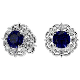 2 Carat Sapphire and Diamond Antique Stud Earrings In Sterling Silver