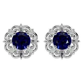 2 Carat Sapphire and Diamond Antique Stud Earrings In Sterling Silver