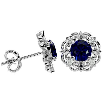 2 Carat Sapphire and Diamond Antique Stud Earrings In Sterling Silver