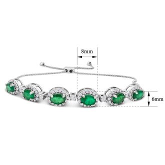 4 Carat Emerald and Diamond Bolo Bracelet In 14 Karat White Gold, Adjustable 6-9 Inches