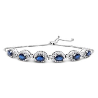 4 Carat Sapphire and Diamond Bolo Bracelet In 14 Karat White Gold, Adjustable 6-9 Inches