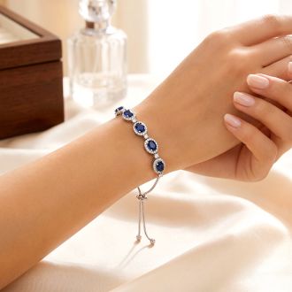 4 Carat Sapphire and Diamond Bolo Bracelet In 14 Karat White Gold, Adjustable 6-9 Inches