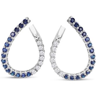 2 1/2 Carat Front-Back Sapphire and Diamond Hoop Earrings In 14 Karat White Gold, 1 Inch