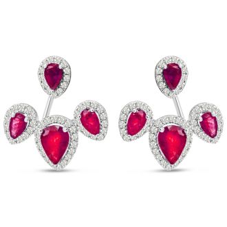 3 Carat Ruby and Diamond Drop Earrings In 14 Karat White Gold, 1/2 Inch