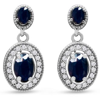 2 Carat Sapphire and Diamond Drop Earrings In 14 Karat White Gold, 3/4 Inch