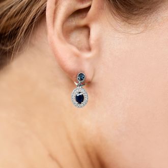 2 Carat Sapphire and Diamond Drop Earrings In 14 Karat White Gold, 3/4 Inch
