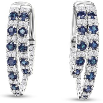2 1/2 Carat Sapphire and Diamond Hoop Earrings In 14 Karat White Gold, 1 Inch