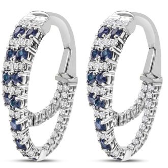 2 1/2 Carat Sapphire and Diamond Hoop Earrings In 14 Karat White Gold, 1 Inch