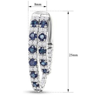 2 1/2 Carat Sapphire and Diamond Hoop Earrings In 14 Karat White Gold, 1 Inch