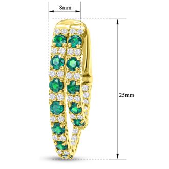 2 1/2 Carat Emerald and Diamond Hoop Earrings In 14 Karat Yellow Gold, 1 Inch