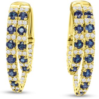 2 1/2 Carat Sapphire and Diamond Hoop Earrings In 14 Karat Yellow Gold, 1 Inch