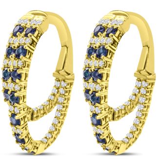 2 1/2 Carat Sapphire and Diamond Hoop Earrings In 14 Karat Yellow Gold, 1 Inch