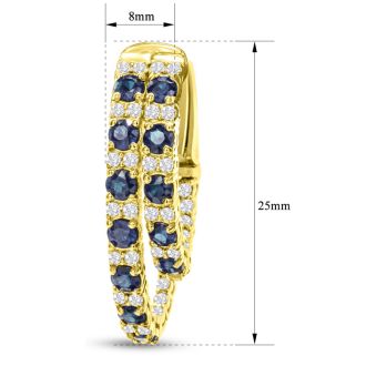 2 1/2 Carat Sapphire and Diamond Hoop Earrings In 14 Karat Yellow Gold, 1 Inch