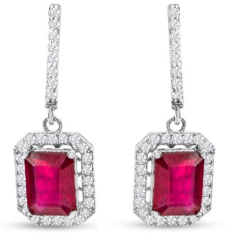 4 1/2 Carat Ruby and Diamond Drop Earrings In 14 Karat White Gold, 1 1/4 Inch