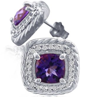 2 3/4 Carat Cushion Cut Amethyst and Diamond Earrings In Sterling Silver