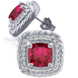 2 3/4 Carat Cushion Cut Ruby and Diamond Earrings In Sterling Silver
