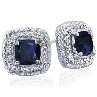 2 3/4 Carat Cushion Cut Sapphire and Diamond Earrings In Sterling Silver