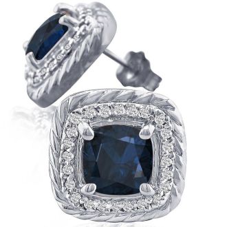 2 3/4 Carat Cushion Cut Sapphire and Diamond Earrings In Sterling Silver