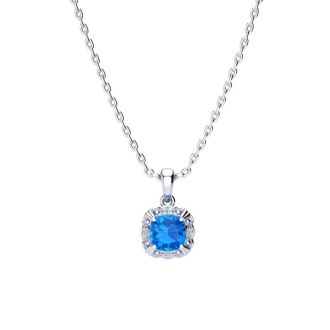 2 Carat Cushion Cut Blue Topaz and Diamond Necklace In Sterling Silver With 18 Inch Chain
