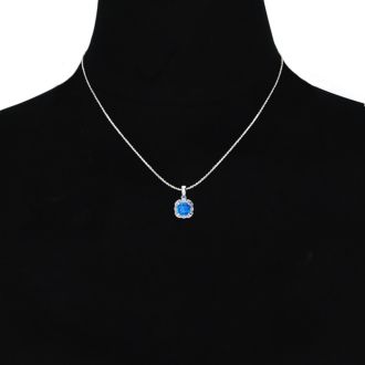 2 Carat Cushion Cut Blue Topaz and Diamond Necklace In Sterling Silver With 18 Inch Chain