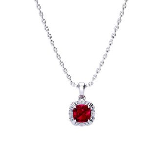 2 Carat Cushion Cut Ruby and Diamond Necklace In Sterling Silver With 18 Inch Chain