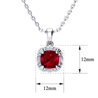 2 Carat Cushion Cut Ruby and Diamond Necklace In Sterling Silver With 18 Inch Chain