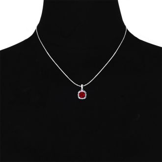 2 Carat Cushion Cut Ruby and Diamond Necklace In Sterling Silver With 18 Inch Chain