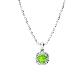 2 Carat Cushion Cut Peridot and Diamond Necklace In Sterling Silver With 18 Inch Chain