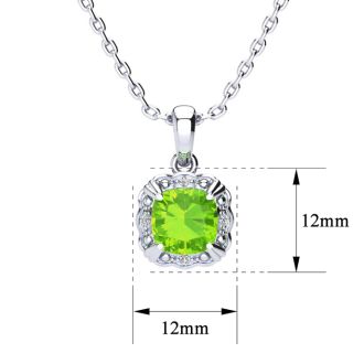 2 Carat Cushion Cut Peridot and Diamond Necklace In Sterling Silver With 18 Inch Chain