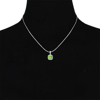 2 Carat Cushion Cut Peridot and Diamond Necklace In Sterling Silver With 18 Inch Chain