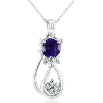 1 Carat Amethyst and Diamond Cat Necklace In Sterling Silver With 18 Inch Chain