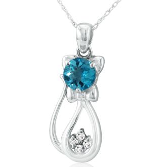 1 Carat Blue Topaz and Diamond Cat Necklace In Sterling Silver With 18 Inch Chain