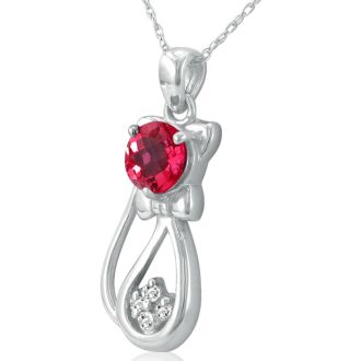 1 Carat Ruby and Diamond Cat Necklace In Sterling Silver With 18 Inch Chain