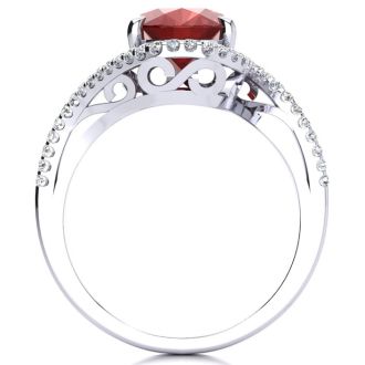 Ruby Ring: 2 3/4 Carat Oval Shape Created Ruby and Halo Diamond Ring In Sterling Silver
