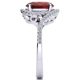 Ruby Ring: 2 3/4 Carat Oval Shape Created Ruby and Halo Diamond Ring In Sterling Silver