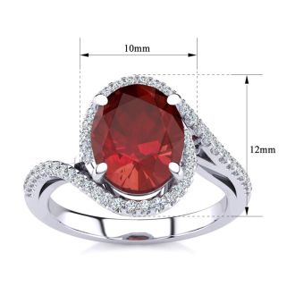 Ruby Ring: 2 3/4 Carat Oval Shape Created Ruby and Halo Diamond Ring In Sterling Silver