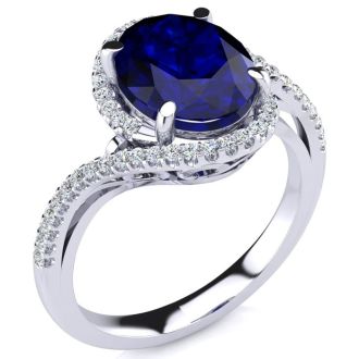 Sapphire Ring: 2 3/4 Carat Oval Shape Created Sapphire and Halo Diamond Ring In Sterling Silver