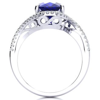 Sapphire Ring: 2 3/4 Carat Oval Shape Created Sapphire and Halo Diamond Ring In Sterling Silver