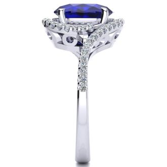 Sapphire Ring: 2 3/4 Carat Oval Shape Created Sapphire and Halo Diamond Ring In Sterling Silver