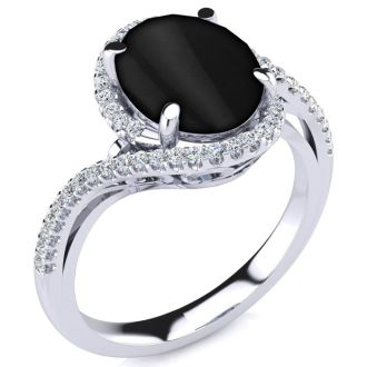 Black Onyx Ring: 2 3/4 Carat Oval Shape Black Onyx and Halo Diamond Ring In Sterling Silver