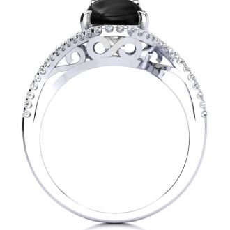 Black Onyx Ring: 2 3/4 Carat Oval Shape Black Onyx and Halo Diamond Ring In Sterling Silver